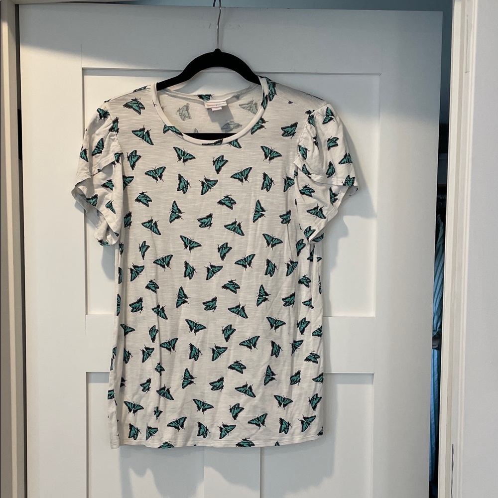 LuLaRoe White Top with Aqua and Black Butterfly Print - size small